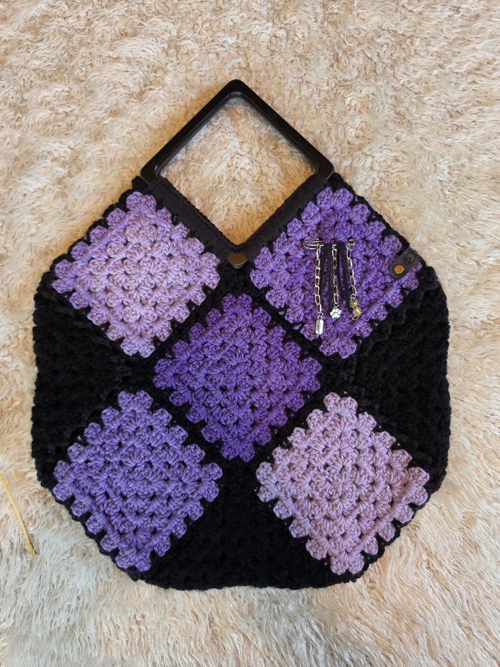 NWT Crochet "Granny Tote Bag" Purple Patchwork with Black Accents